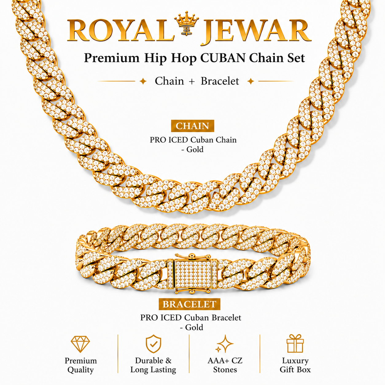 PREMIUM ICED CUBAN CHAIN SET-GOLD
