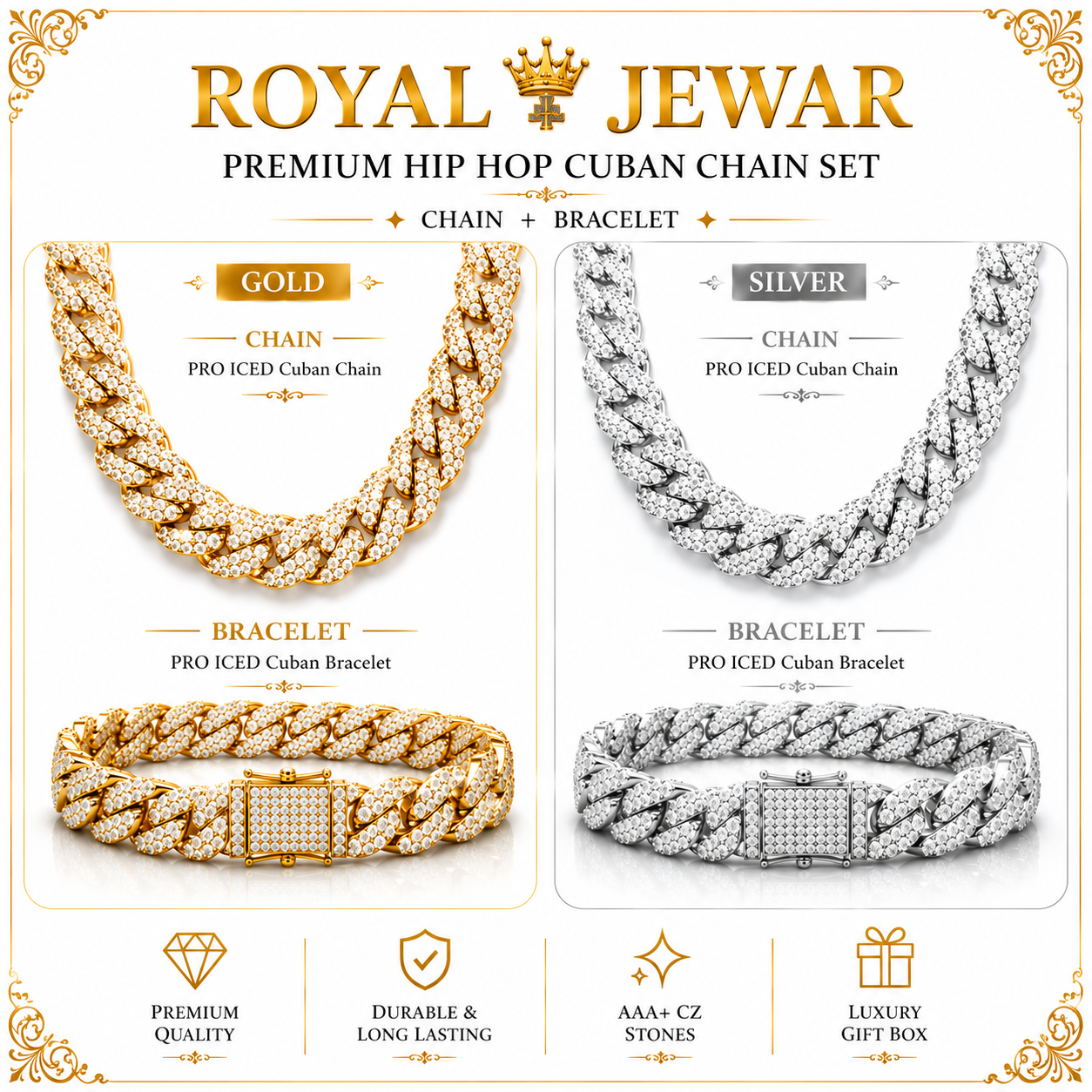 PREMIUM ICED CUBAN SET-SILVER $ GOLD