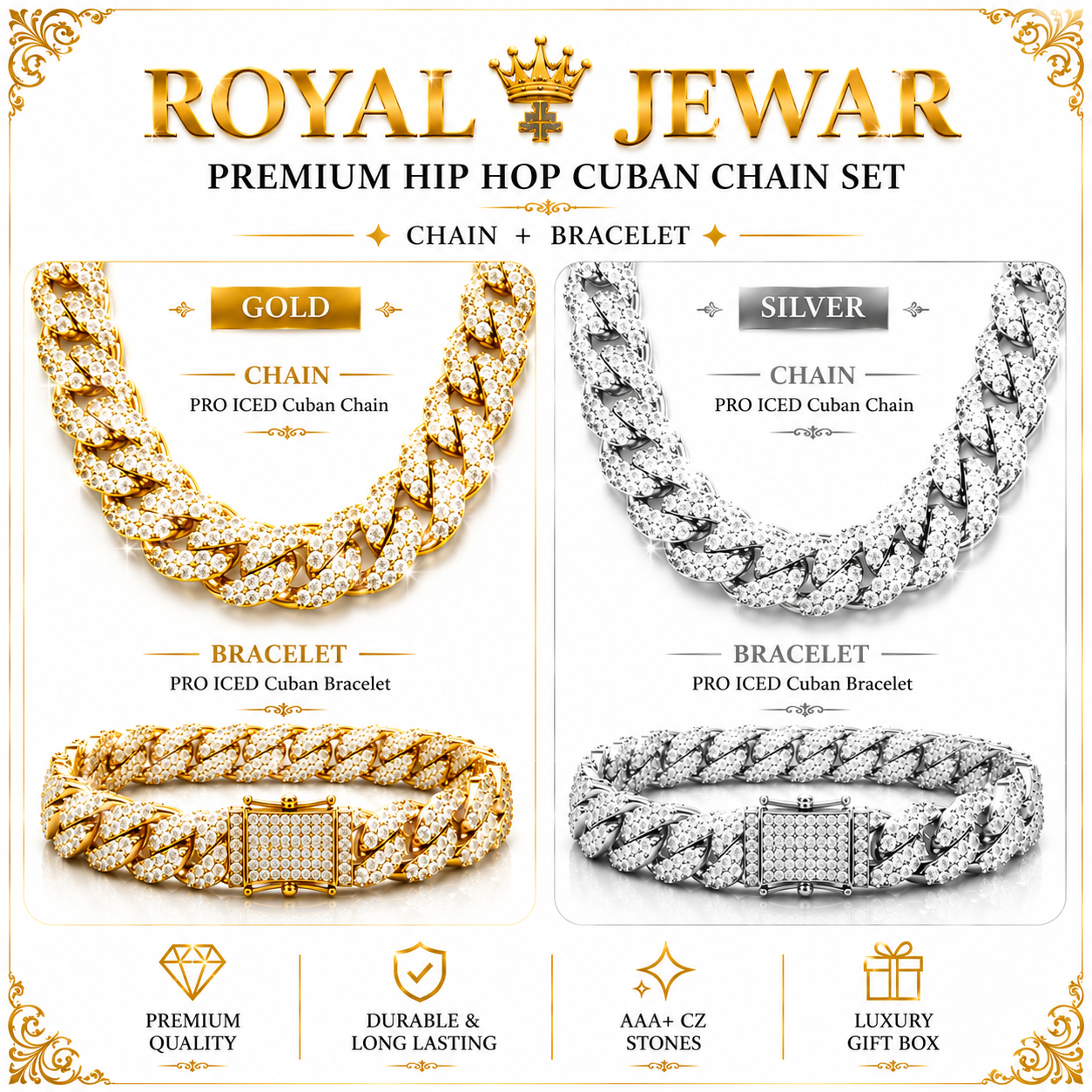 PREMIUM ICED CUBAN SET-SILVER $ GOLD