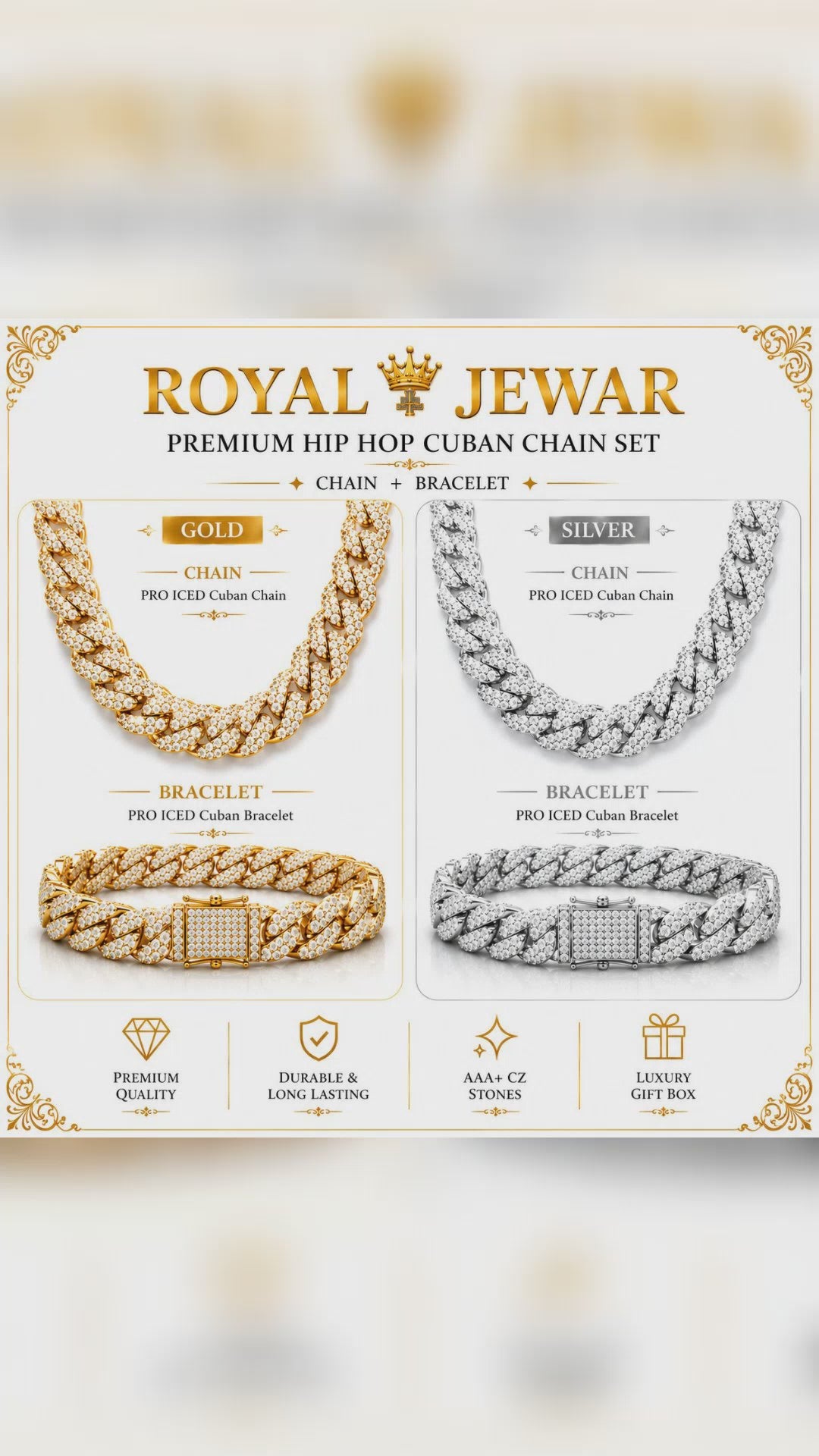 PREMIUM ICED CUBAN SET-SILVER $ GOLD